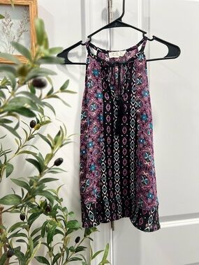 Pink Rose Black Halter Top with Pink and Teal Paisley Print